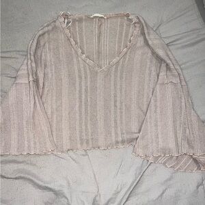Ruffled V-Neck Bell Sleeve Top - Pink